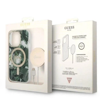 Zestaw Guess GUBPP14XHJEACSA Hülle Ladegerät iPhone 14 Pro Max 6,7" zielony/grüne Hartschale Jungle MagSafe