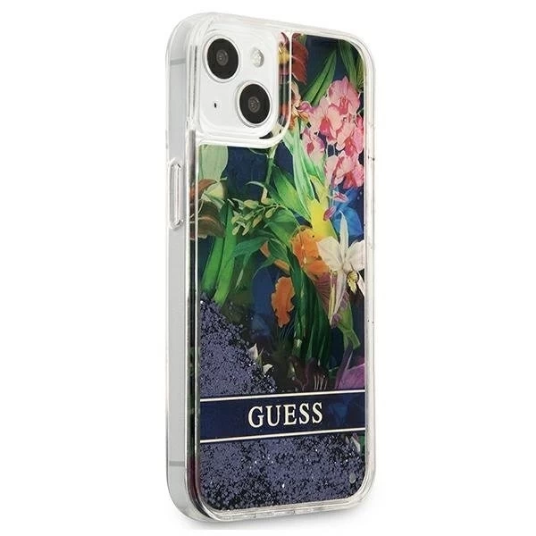 Guess GUHCP13SLFLSB iPhone 13 mini 5,4" niebieski/modrý pevný obal Flower Liquid Glitter