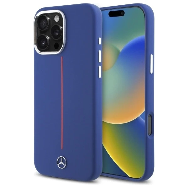 Pouzdro Mercedes pro iPhone 16 Pro Max 6,9" tmavě modré pevné pouzdro MagSafe Silikonový červený pruh