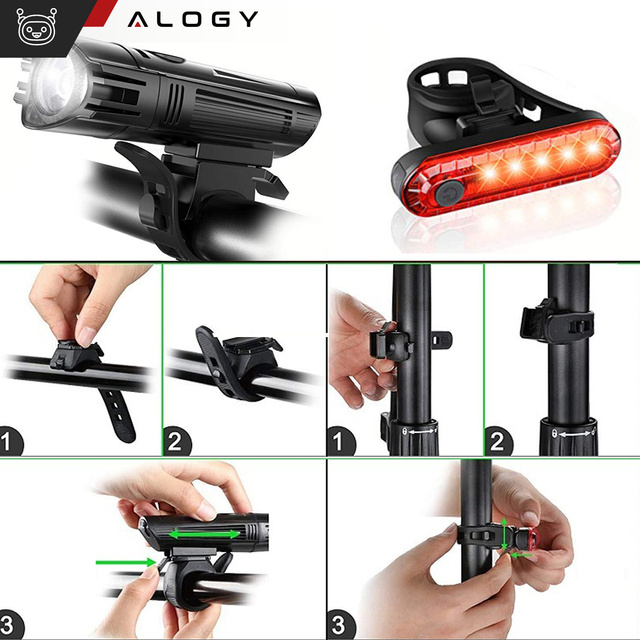 Bicycle Light 2in1 Front Rear Waterproof IPX4 LED Front Rear USB Light Bicycle Light Set Alogy