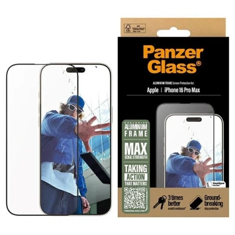 Tempered Glass for iPhone 16 Pro Max PanzerGlass Screen Protector Aluminum Frame Ultra-Wide Fit with Aluminum Frame