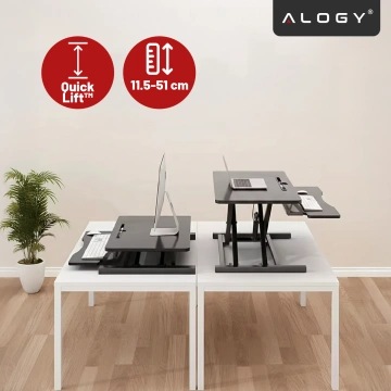 Biurko podstawka do pracy stojącej na biurko z podnoszeniem pneumatycznym 60×80 cm – regulacja wysokości 11–51 cm, dwupoziomowe, składane, idealne do Home Office – Alogy LiftDesk™ Czarne