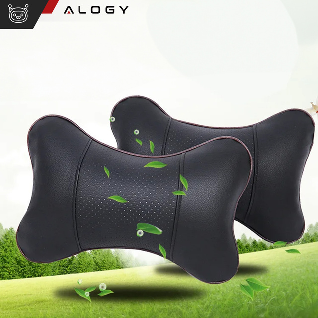 Profiled car neck pillow for the headrest of the car, comfortable soft eco-leather Alogy Black