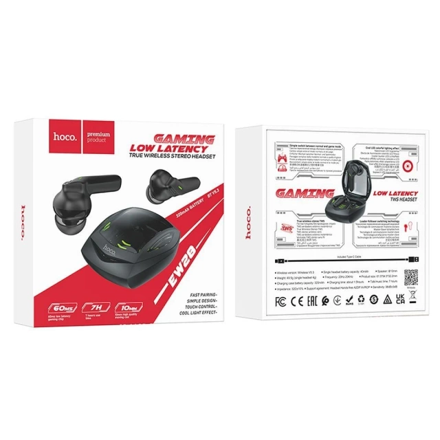 HOCO EW28 TWS Kabellose Bluetooth-Kopfhörer – Schwarz mit Gaming-Modus und Ladeetui