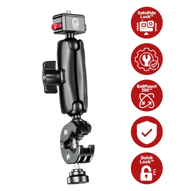 Kewig QuickLock Aluminum Motorcycle Mount for 1/4 360 Action Cameras, Stable with Anti-Vibration Lock, Quick-Clamp Mount on Handlebar or Frame