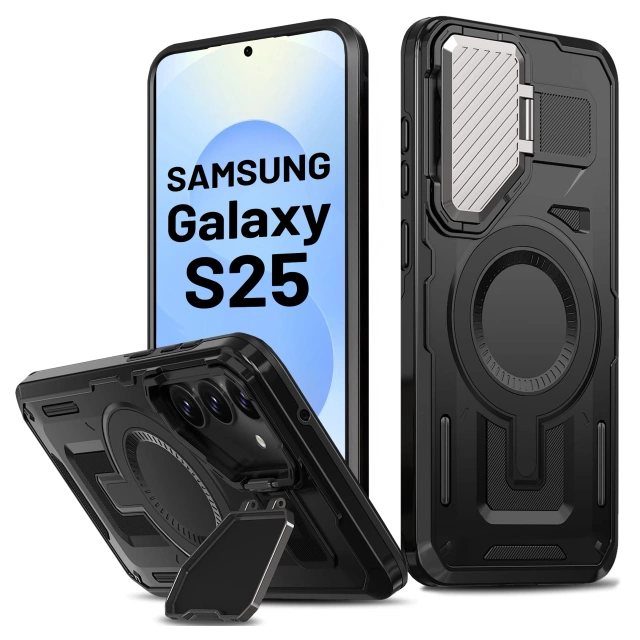 Etui do Samsung Galaxy S25 Case do MagSafe Wzmocniona Pancerna ochrona obiektywów z funkcją podstawki obudowa ochronna na telefon Alogy HeavyDuty Mag™️Czarne