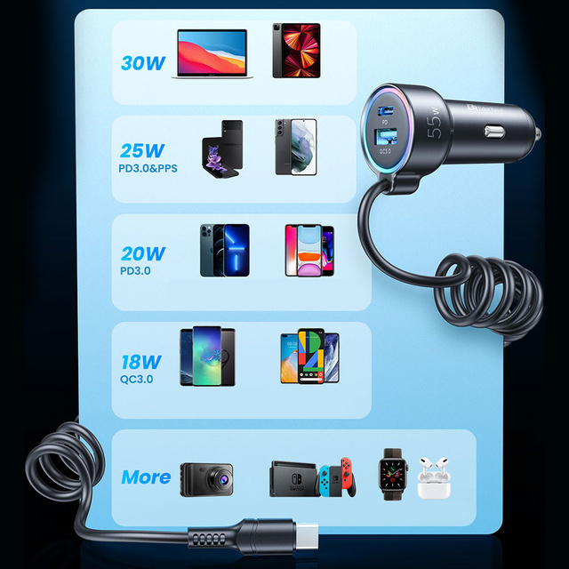 Rýchla autonabíjačka Joyroom 3 v 1 s káblom USB typu C 1,5 m 55 W čierna (JR-CL07)