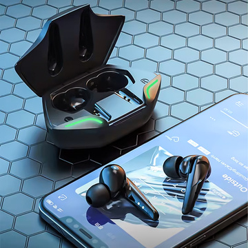 Bezdrátová Bluetooth 5.2 TWS sluchátka v pouzdře pro powerbanku pro hráče, LED hraní, černá