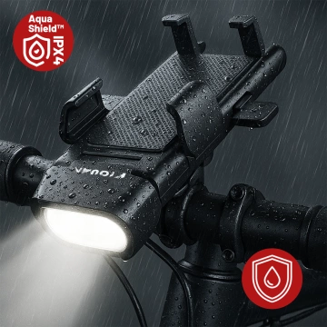 Držiak telefónu na bicykel 4v1 LED svetlo T6 predný zvonček na bicykel Powerbanka 3000mAh čierna