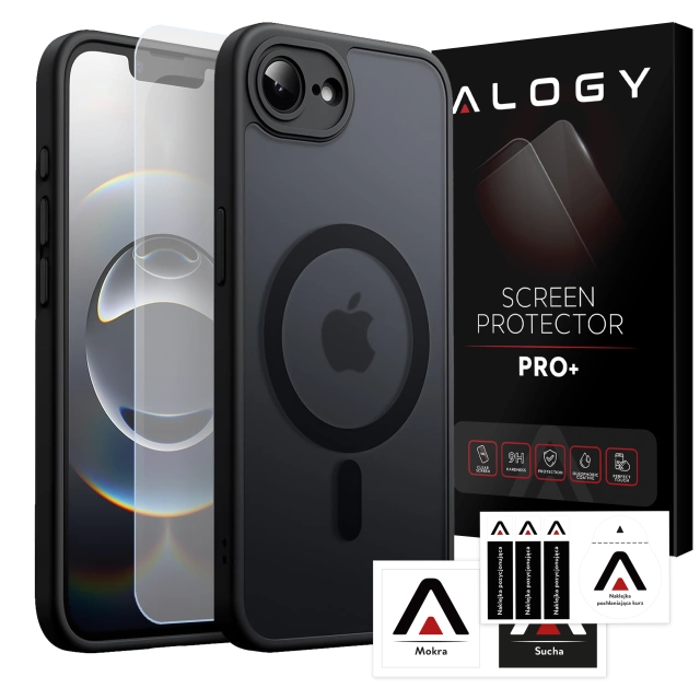 Etui do Apple iPhone 16e obudowa ochronna na telefon Alogy Matte HybridMag™️ Case do MagSafe Matowe Antypoślizgowe Wzmocnione Narożniki Czarne + Szkło Hartowane