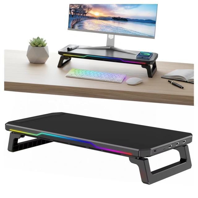 Podstawka pod monitor z lampką listwą świetlną RGB z wejściami HUB USB (3× USB-A, 1× USB-C) – biurkowa do Home Office, Gaming, poprawa ergonomii – Alogy MonitorStand™ Czarna