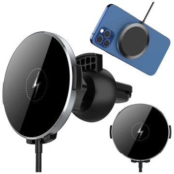 2-in-1 car holder with Alogy Airvent MagSafe QI Charger for MagSafe 15W inductive charger Black
