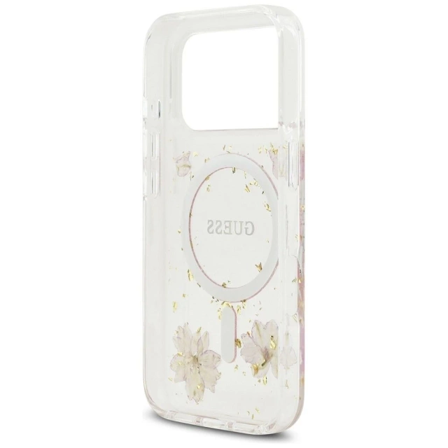Etui Guess MagSafe do iPhone 17 Pro Resin Flowers Glitter Pink