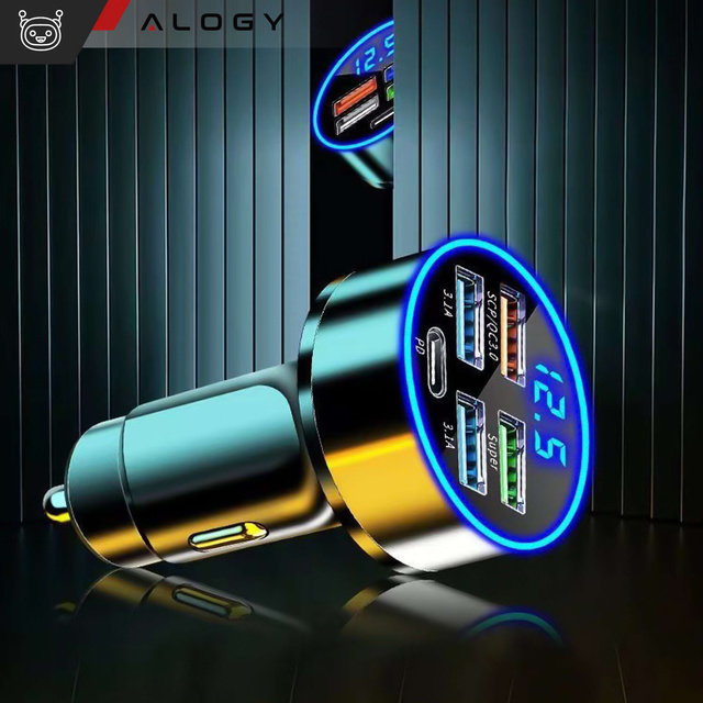 Car charger 4x USB QC 3.0 USB C PD 20W LED fast powerful 250W for Alogy Car phone black