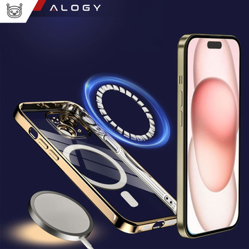 Puzdro MagSafe pre iPhone 15 Plus Glamour Luxury Slim Ring Cover Alogy Gold Transparent