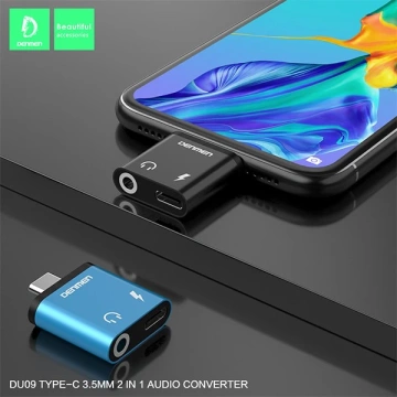 Adaptér Denmen USB-C Jack 3,5 mm HF Type-C, černý hliník