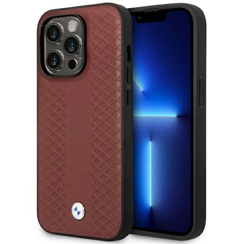 Etui na telefón BMW BMHMP14L22RFGR do Apple iPhone 14 Pro 6,1" vínová/bordová koža s diamantovým vzorom MagSafe