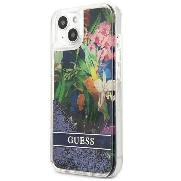 Guess GUHCP13SLFLSB iPhone 13 mini 5,4" niebieski/modrý pevný obal Flower Liquid Glitter