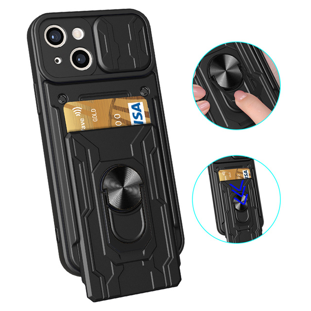 Alogy Camshield Stand Ring Wallet Case with Camera Protector and Card Slot for Apple iPhone 14 Plus Black Glass