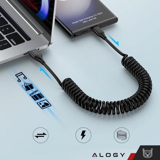 Спіральний автомобільний зарядний кабель Alogy 66W 5A 150cm USB to USB-C чорний
