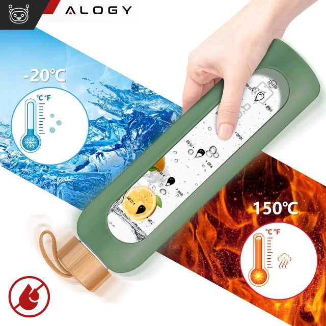 Velká skleněná láhev, láhev na pití Alogy Motivační odměrka 1l 1000ml, silikonové pouzdro Olive