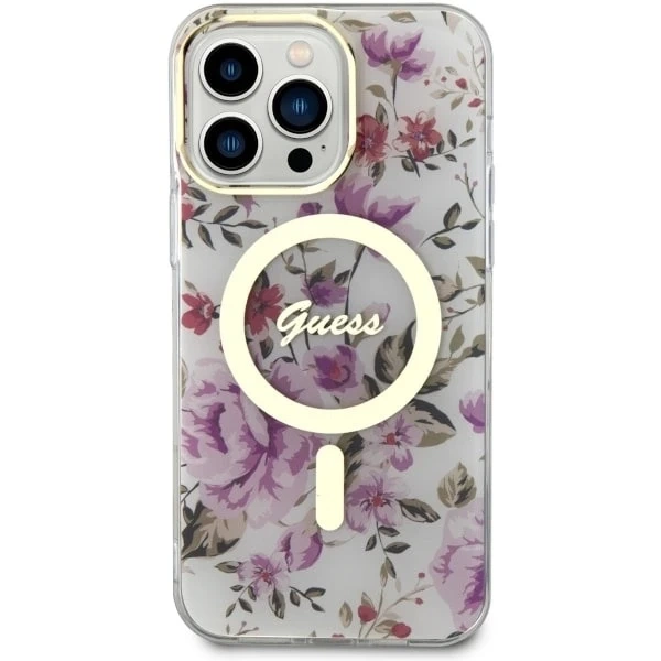 Puzdro na telefón Guess GUHMP14XHCFWST do Apple iPhone 14 Pro Max 6,7" priehľadné pevné puzdro Flower MagSafe