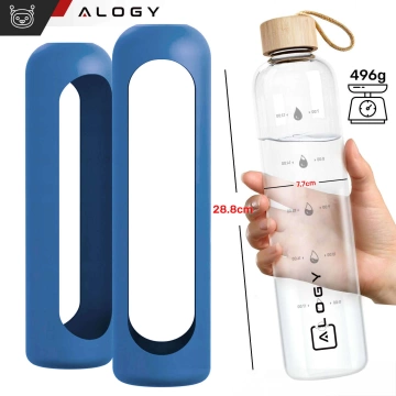Alogy Large Glass Bottle Drinking Bottle Motivational Measuring Cup 1l 1000ml Silicone Case Blue