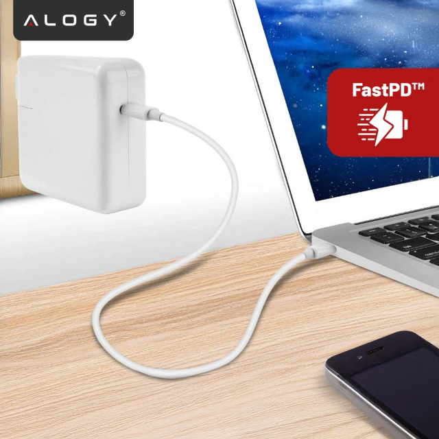 Ładowarka zasilacz do Apple MacBook – szybkie ładowanie Power Delivery PD 61W, kabel USB-C do USB-C 2 m, uniwersalna i bezpieczna – Alogy PowerLink™ Biały