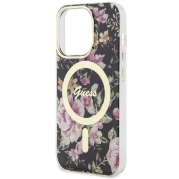 Puzdro na telefón Guess GUHMP14LHCFWSK do Apple iPhone 14 Pro 6,1" čierne/čierne pevné puzdro Flower MagSafe