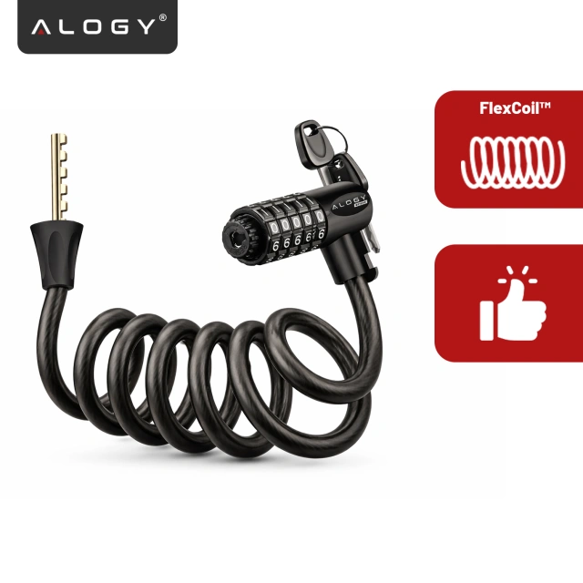 Bike lock, bike lock, strong cable, 120 cm, Alogy bike lock, code, key, black