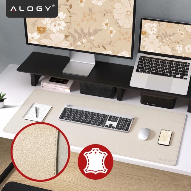 Podkładka na biurko 80×40 cm – antypoślizgowa mata ochronna z eleganckiej ekoskóry PU, pod mysz i klawiaturę, stylowa i trwała – Alogy WorkMat™ Beżowa