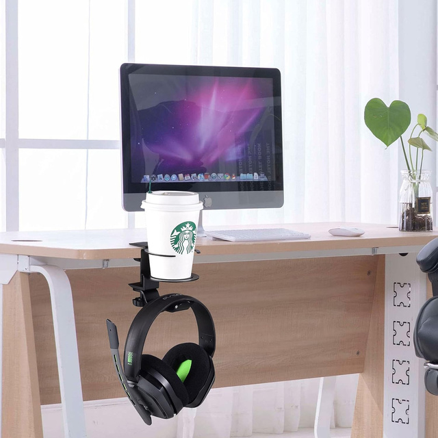 2in1 Desk Organizer Holder for Cup Headphones Cables Desk Aluminum Stand Hanger Hook Alogy Black