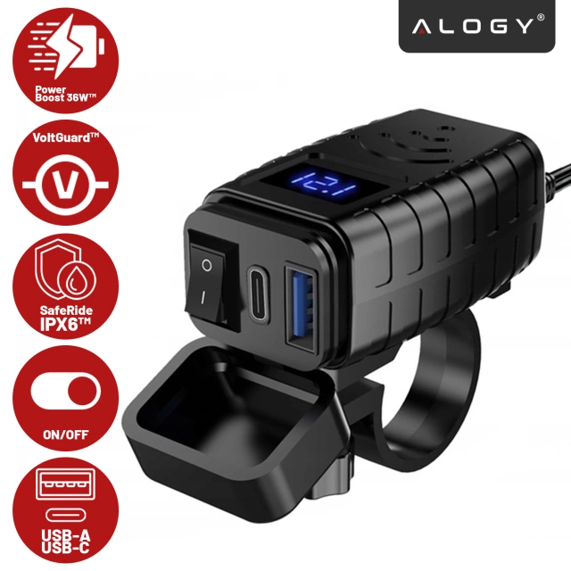 Зарядний пристрій для мотоцикла Alogy MotoCharge Pro™ з дисплеєм, швидка зарядка PD QC 3.0 потужністю 36 Вт, порти USB-A та USB-C, водонепроникний та міцний, чорний