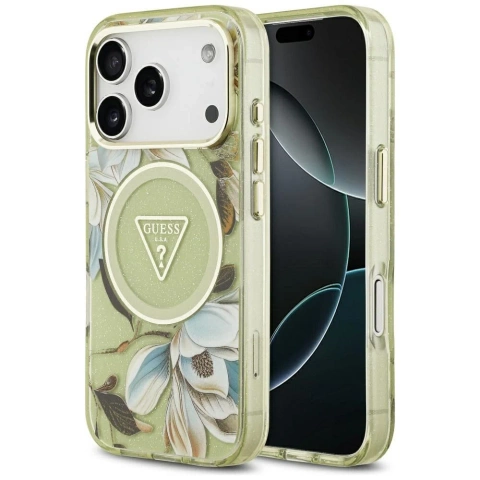Etui Guess MagSafe do iPhone 17 Pro IML Glitter Flowers Triangle Green