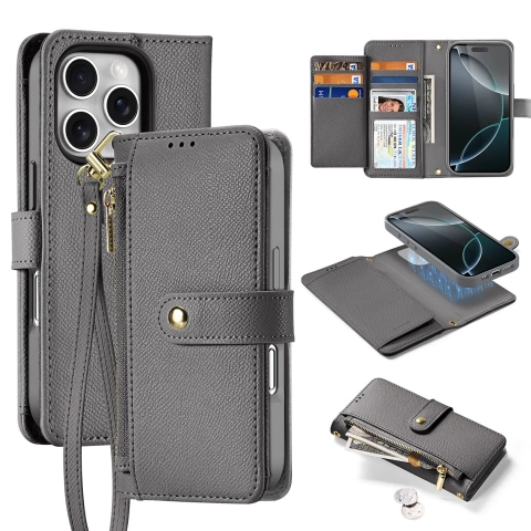 Etui skórzane do iPhone 16 Pro Max Dux Ducis Lawa z portfelem MagSafe szare