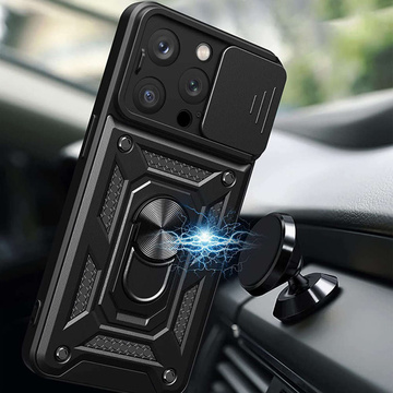Броньований чохол для iPhone 15 Pro Camshield Case Ring Alogy Stand з кришкою для камери, чорний