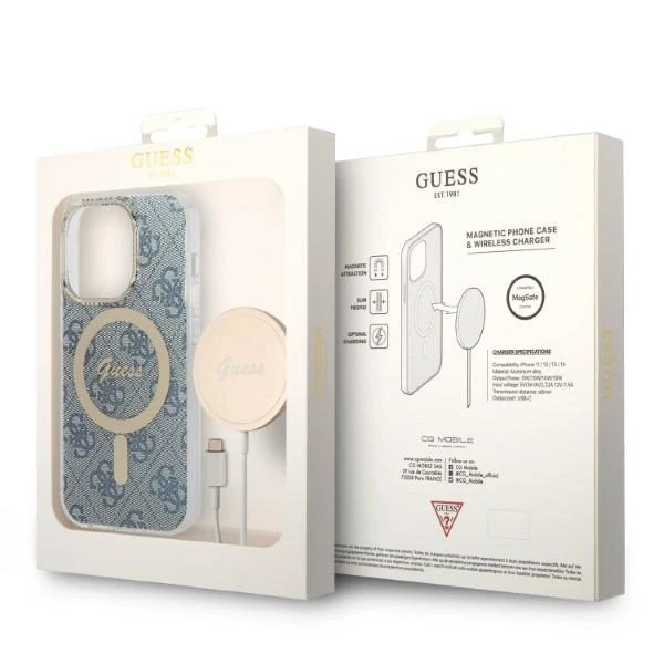 Nabíjačka puzdier Zestaw Guess GUBPP14LH4EACSB iPhone 14 Pro 6,1" niebieski/modré pevné puzdro 4G Print MagSafe