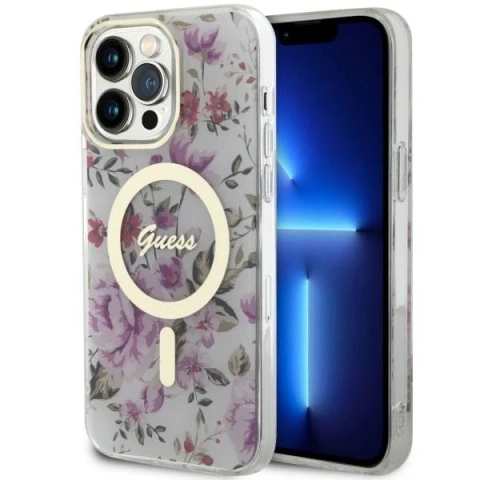 Sada na telefon Guess GUHMP14XHCFWST do Apple iPhone 14 Pro Max 6,7" průhledné pevné pouzdro Flower MagSafe