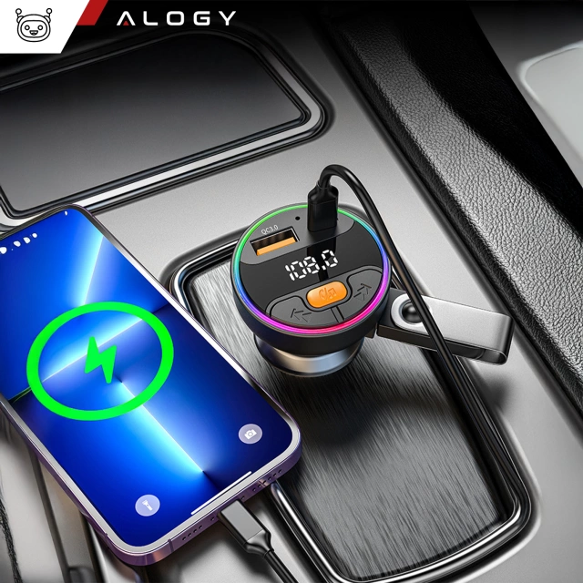 Transmiter samochodowy z Ładowarką Alogy PowerTune USB-A USB-C szybkie ładowanie PowerDelivery PD30W Quick Charge QC3.0 Czarny