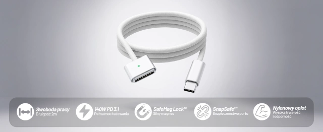 Kabel zasilający USB-C do MagSafe 3 – szybkie ładowanie 140W, przewód 2 m, do Apple MacBook, wytrzymały i bezpieczny – Alogy PowerLink™ Biały