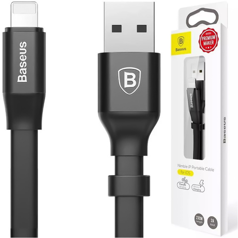 Kabel USB do Lightning do Apple iPhone płaski mocny przewód Baseus Nimble Cable 23cm Czarny