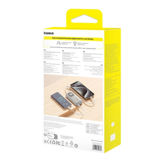 Powerbank Baseus Free2Pull 10000mAh 30W z portem USB-C i rozwijanym kablem USB-C - szary