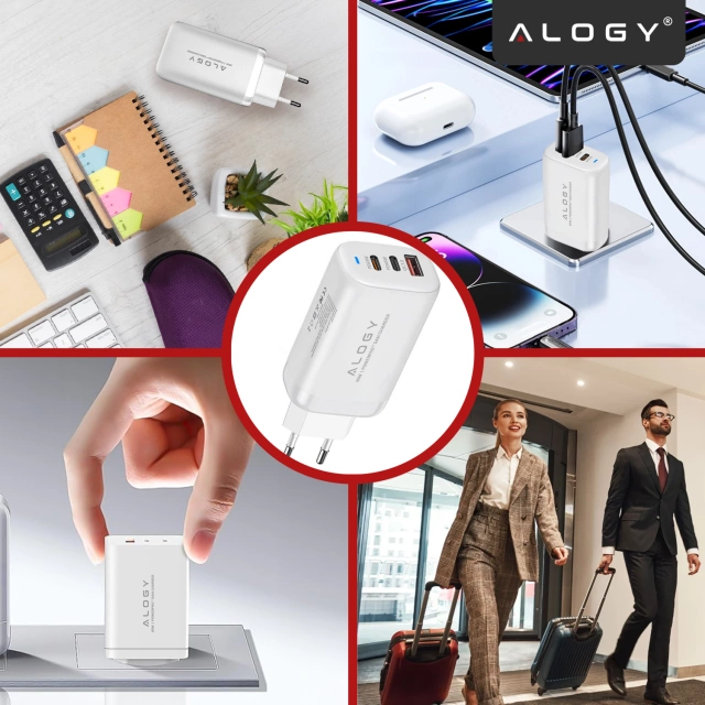 Alogy GaNCarge Kompaktní nástěnná nabíječka 3v1 rychlé nabíjení GaN3 65W USB-A 30W 2x USB-C 65W bílá
