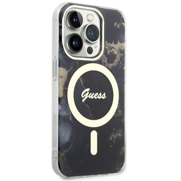 Sada na telefon Guess GUHMP14LHTMRSK pro Apple iPhone 14 Pro 6,1" černý/černý pevný obal Golden Marble MagSafe