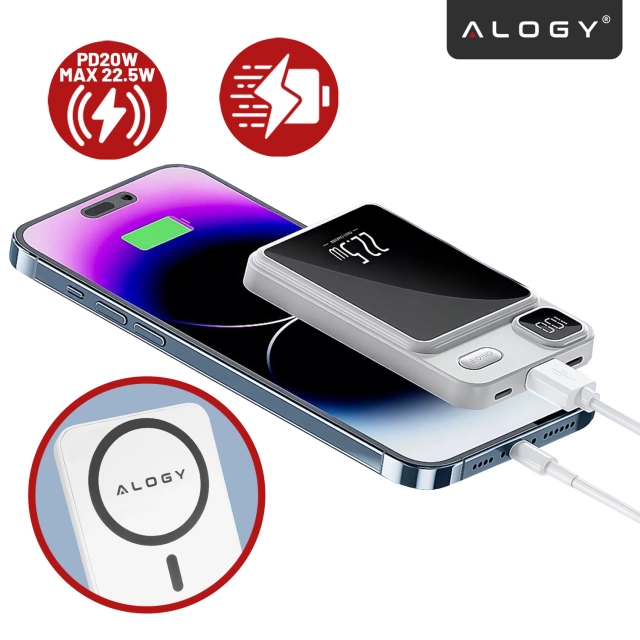 PowerBank Alogy MagCharge 22,5 W PD20W PowerDelivery Schnellladung 10000 mAh kabellos für MagSafe White