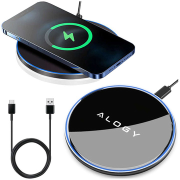 QI wireless inductive charger 15W fast LED Alogy round for iPhone USB-C cable Black