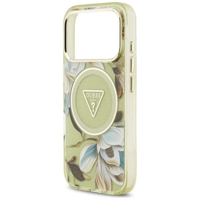 Etui Guess MagSafe do iPhone 17 Pro IML Glitter Flowers Triangle Green