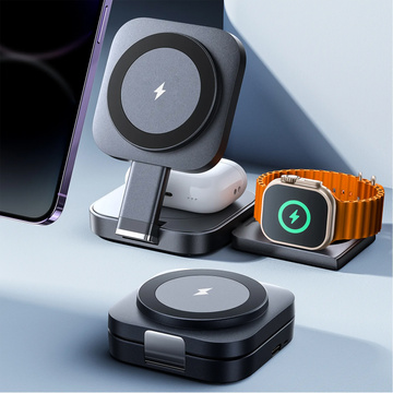 Qi Mag Safe 15W induktives Ladegerät für iPhone Apple Watch AirPods kabellose 3in1 Dockingstation schwarz