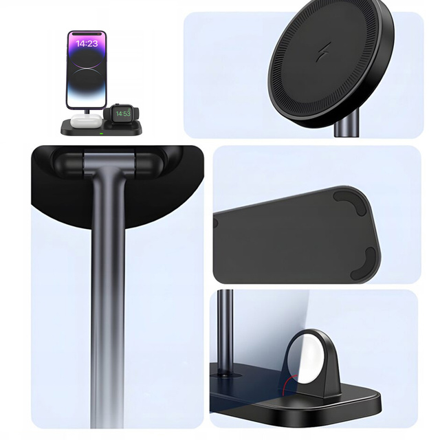 Qi Mag Safe 15W indukčná nabíjačka pre iPhone Apple Watch AirPods 3v1 bezdrôtová stojanová stanica čierna