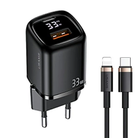 USAMS Nástenná nabíjačka 1xUSB-C 1xUSB T46 33W PD3.0 QC3.0 Kábel rýchleho nabíjania U63 USB-C/Lightning čierna/čierna UDTZ01